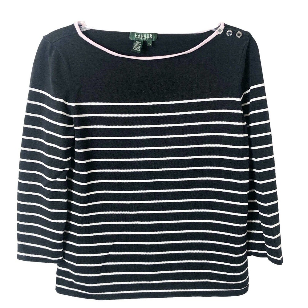 Lauren Ralph Lauren Women's Navy Striped 3/4 Sleeve Sweater Petite Medium